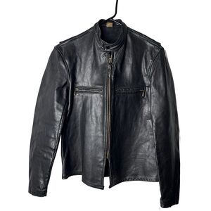 Moto Black Leather Biker Jacket Sz M 40 Men’s Full Zip Pockets Band Collar Short